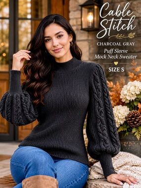 Cable Stitch Charcoal Gray Mock Neck Cable Sleeve Sweater Size S